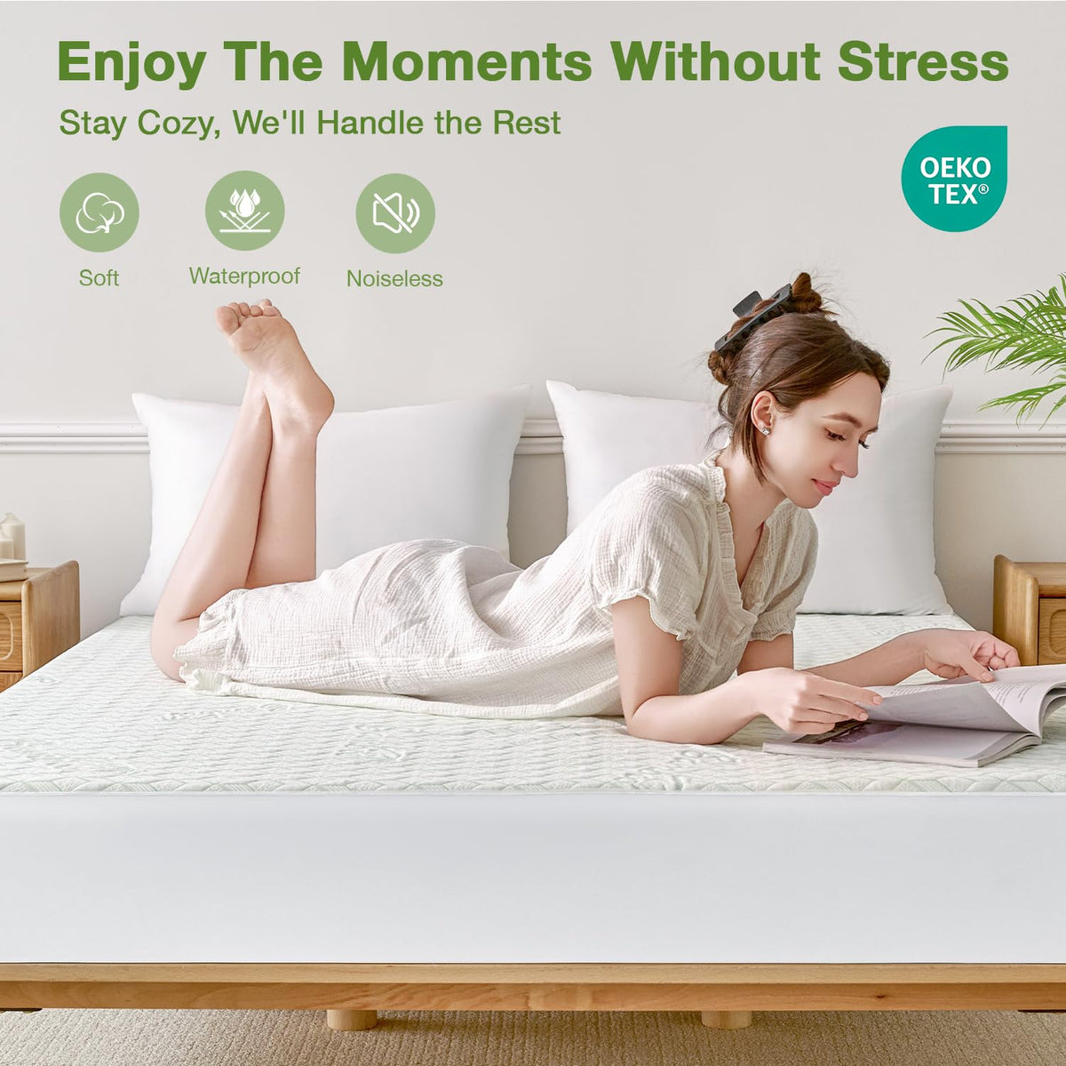 King Waterproof Mattress Protector Washable Mattress Padded Cover Rayon Bamboo Fitted King Size Bed Protection Noiseless Plastic Bed Pad Deep Pocket Up 18“ Soft&Breathable