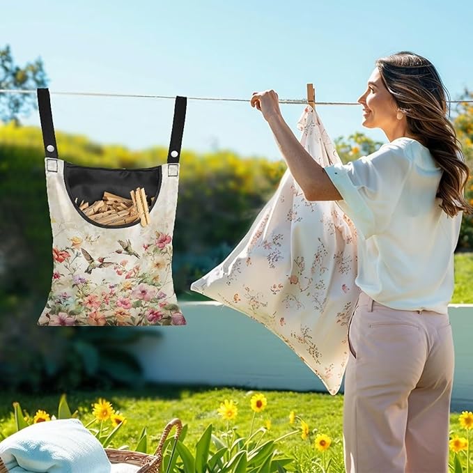 Hummingbird Pink Clothespin Bag, Large Clothes Pin Hanging Bag, Pin Bag