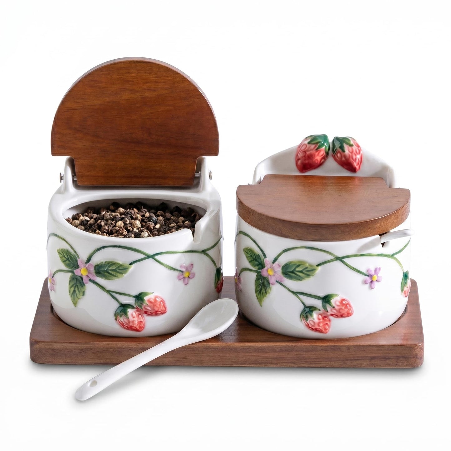 Ceramoira Ceramic Salt and Pepper Cellar Set with Spoons, Lids, and Tray | Handmade Strawberry Condiment Holders for Spices, Sugar, Seasonings, and More | Holds 12oz. Each