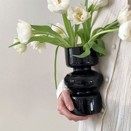 BLOFLO Black Glass Hydroponic Vase, 7Inches Glass Vase for Flower, Modern Geometric Three-Layer Floral Vases for Home Office, Wedding Table Decoration(Black)