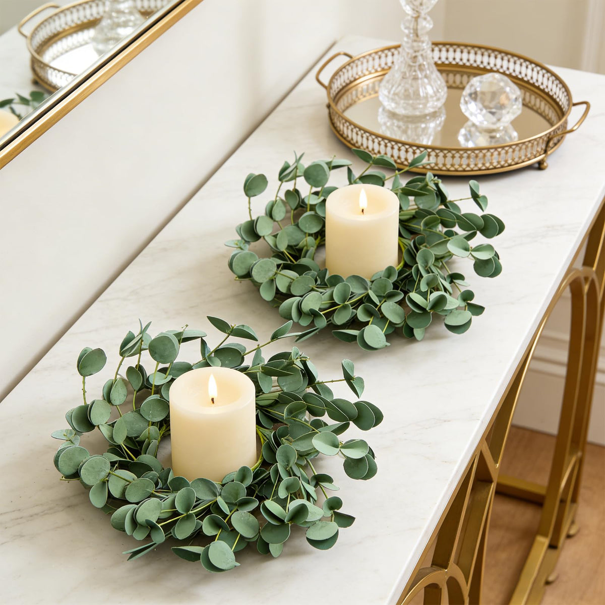 4 Pcs Small Spring Summer Candle Ring Wreaths with Artificial Eucalyptus Greenery Mini Pillar Candle Holder Wreath for Home Table Centerpieces Kitchen Wedding Farmhouse Party Decor