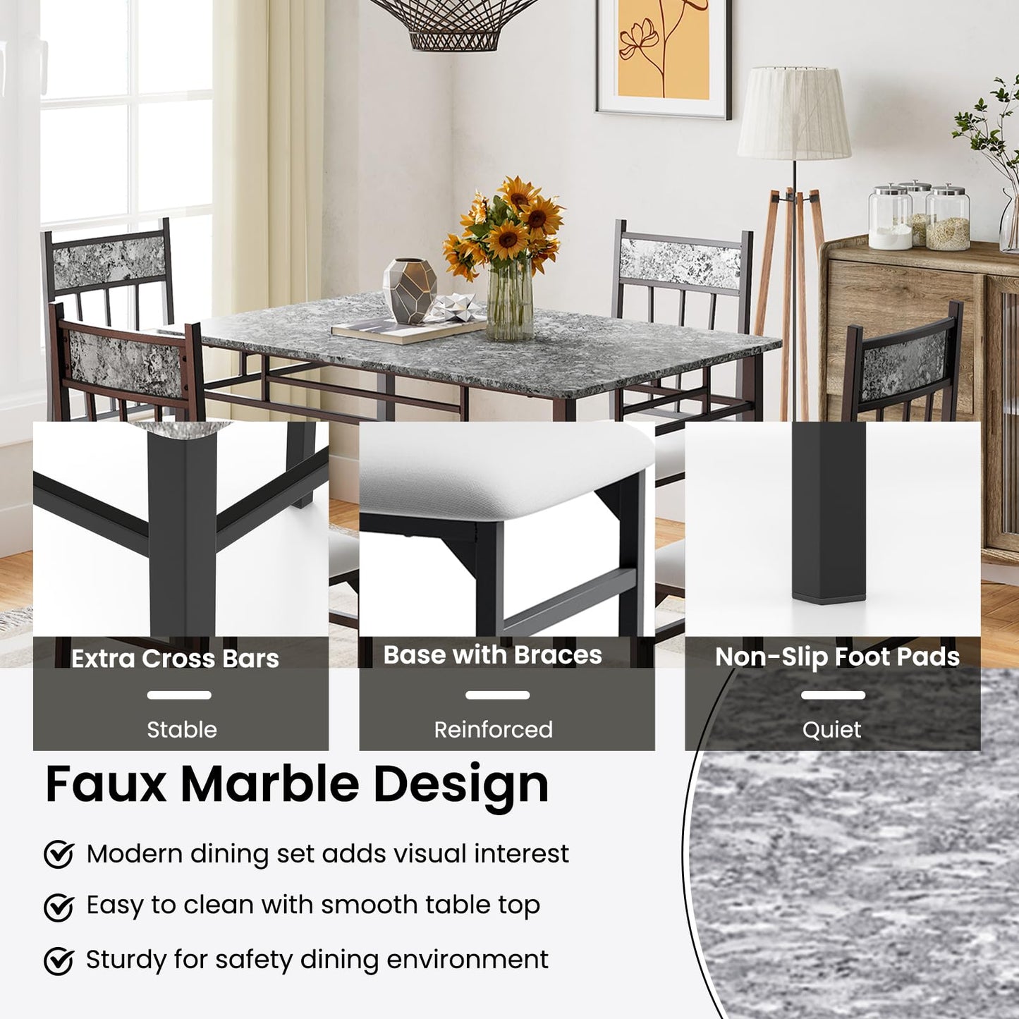 NAFORT 5 Piece Dining Table Set for 4, Faux Marble Kitchen Table and Chairs Set of 4, Vintage Rectangular Dining Room Table with Cushion Padded Seat, Metal and Wood Dining Set Kitchen Furniture, Grey