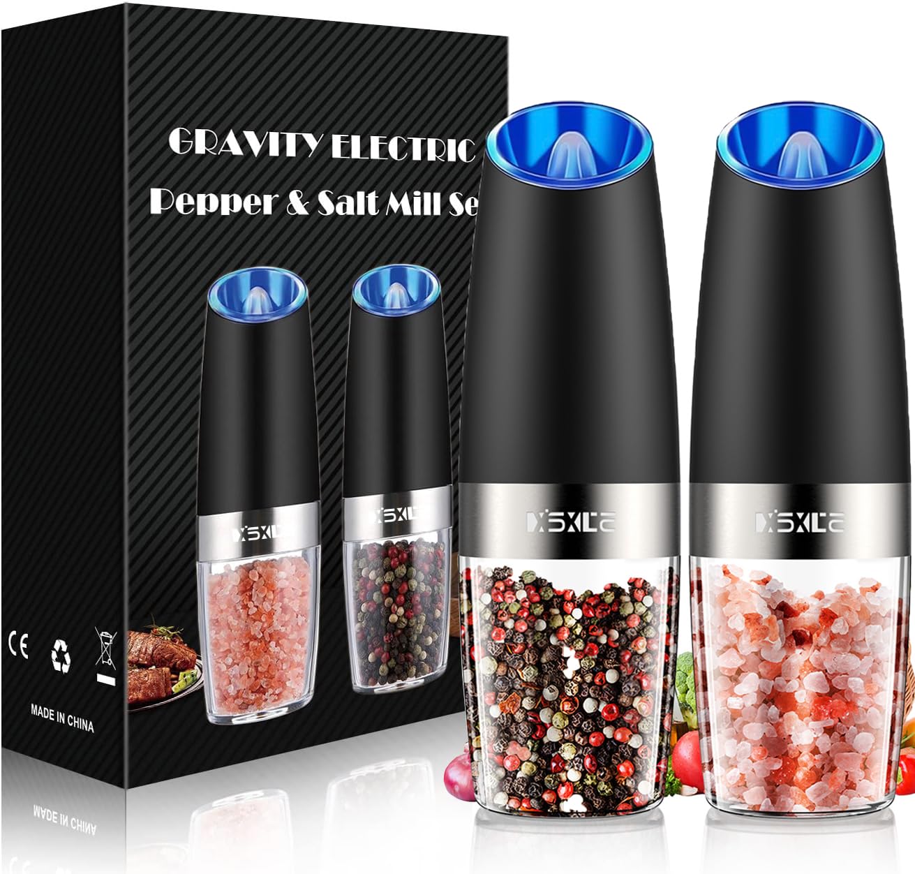 XinXu Gravity Electric Pepper and Salt Grinder Set, Adjustable Coarseness, Battery Powered with LED Light, One Hand Automatic Operation