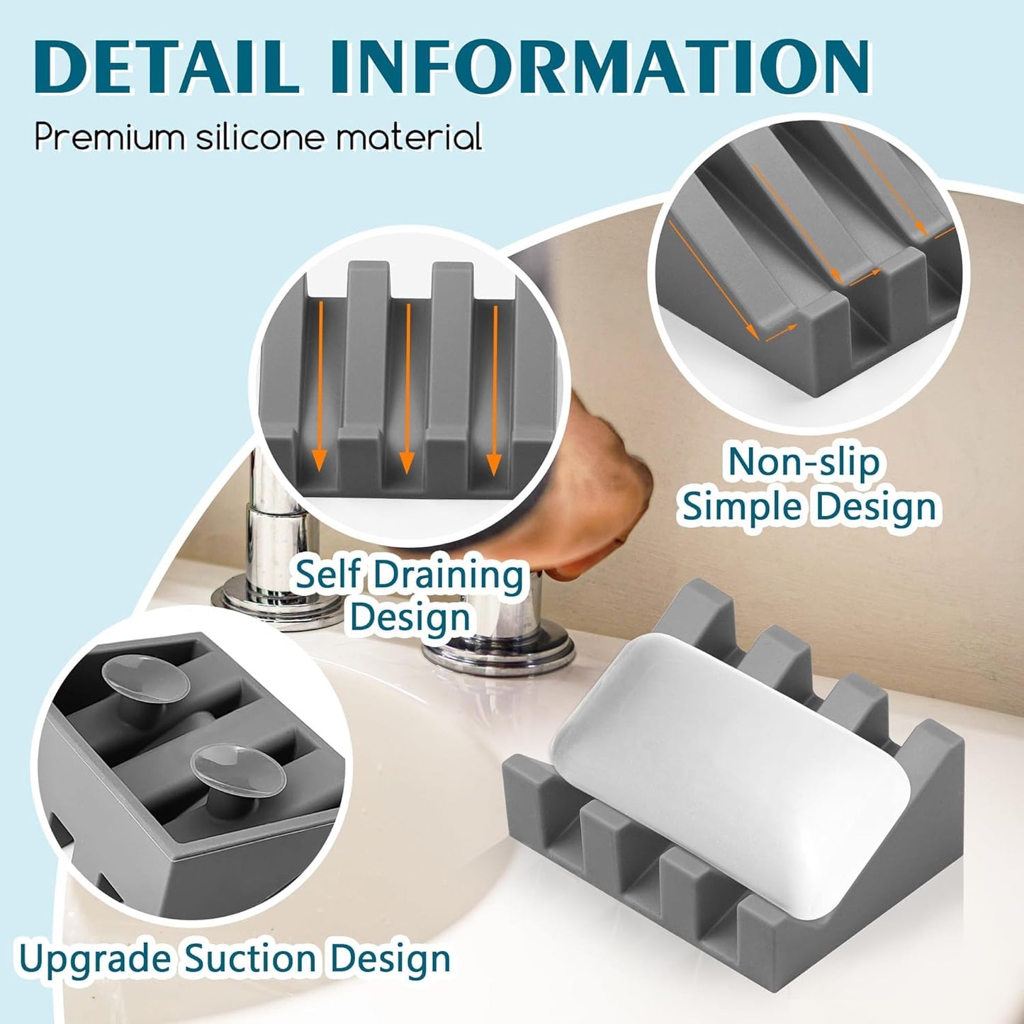 Self Draining Silicone Soap Dish with Suction Cups - Non-Slip Bar Soap Holder for Shower & Kitchen, Waterfall Tray Keeps Soap Dry, Easy Clean, Extends Soap Life (Gray, 1)