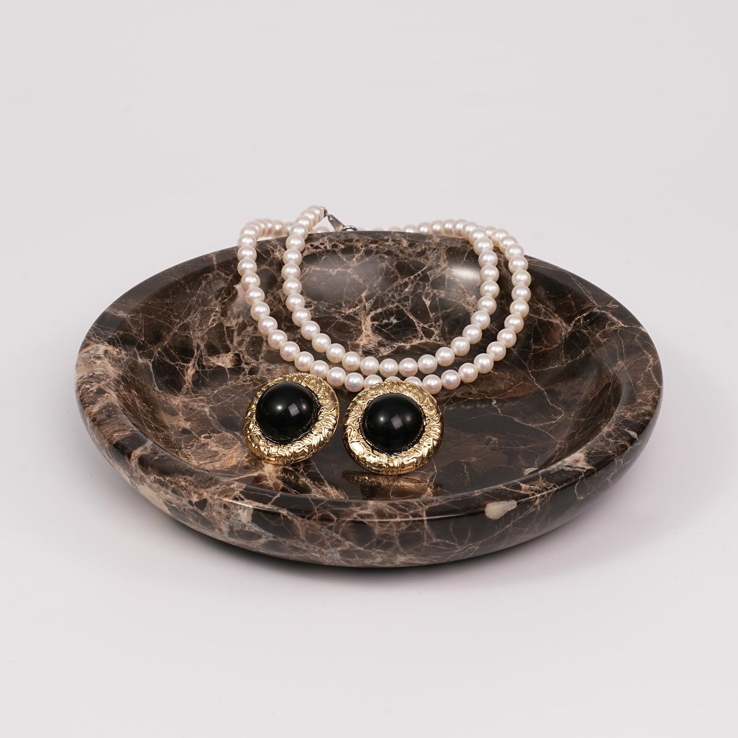 LWALMS Brown Marble Jewelry Tray - Stone Trinket Ring Key Purse Holder Dish, Small Cute Round Plate Decorative Bowl for Nightstand Entryway Coffee Table Decor (5.5 inch)