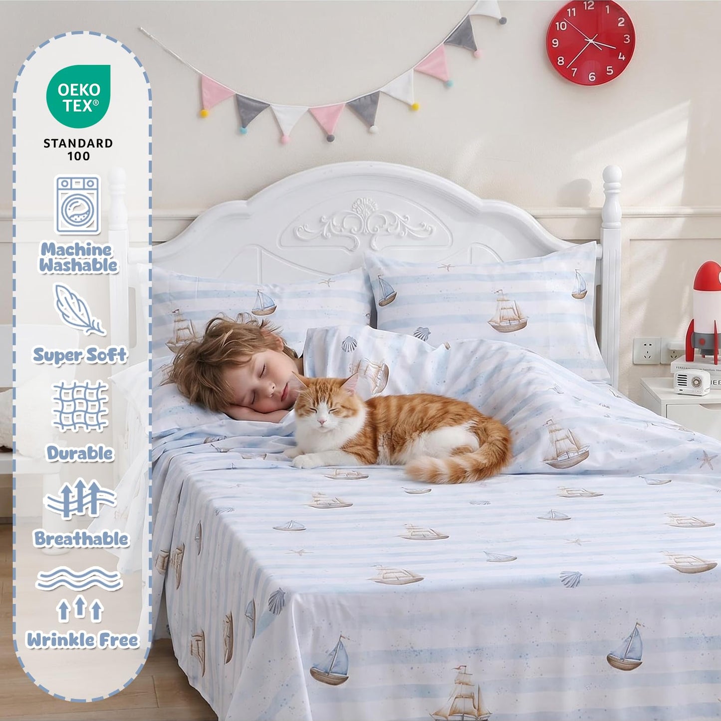 Nautical Boat Printed Twin Sheet Set for Boys,3 Pieces Sailboat Bed Sheet with Pillowcase 15-Inch Deep Pocket Fitted Sheet,Soft Microfiber Shell Starfish Bedding Set for Kids Toddlers Decor Bedroom