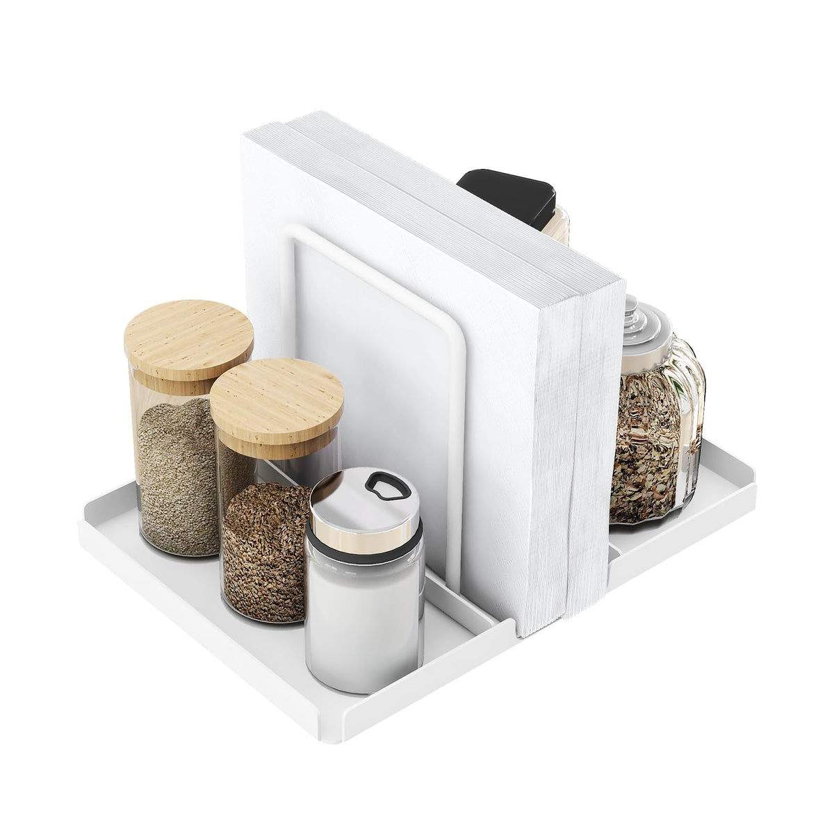 Napkin Holder for Table, Metal Napkin Holder with Salt and Pepper Shakers Caddy, Standing Paper Napkin Storage for Kitchen Dining Table Decor, White