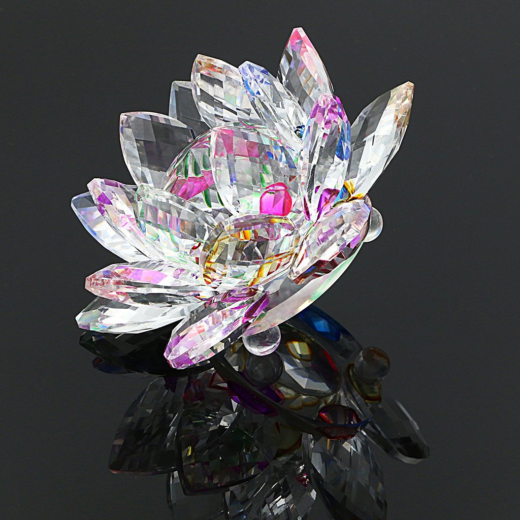 OwnMy Sparkle Crystal Lotus Flower Hue Reflection Feng Shui Home Decor with Gift Box (4 Inch/ 100MM Rainbow)