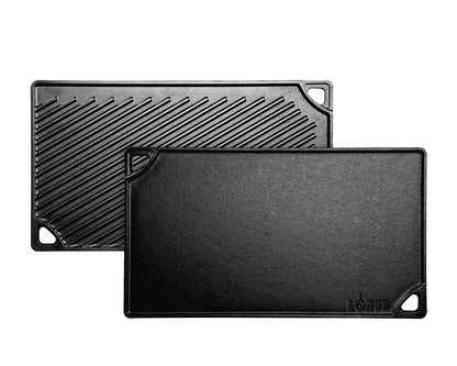 Lodge Reversible Cast Iron Grill/Griddle – 9.5 x 16.75 Inch Pre-Seasoned Cooking Surface – Flat & Ribbed Sides – Use on Stove, Grill, or Campfire – Made in the USA – Heavy-Duty, Black