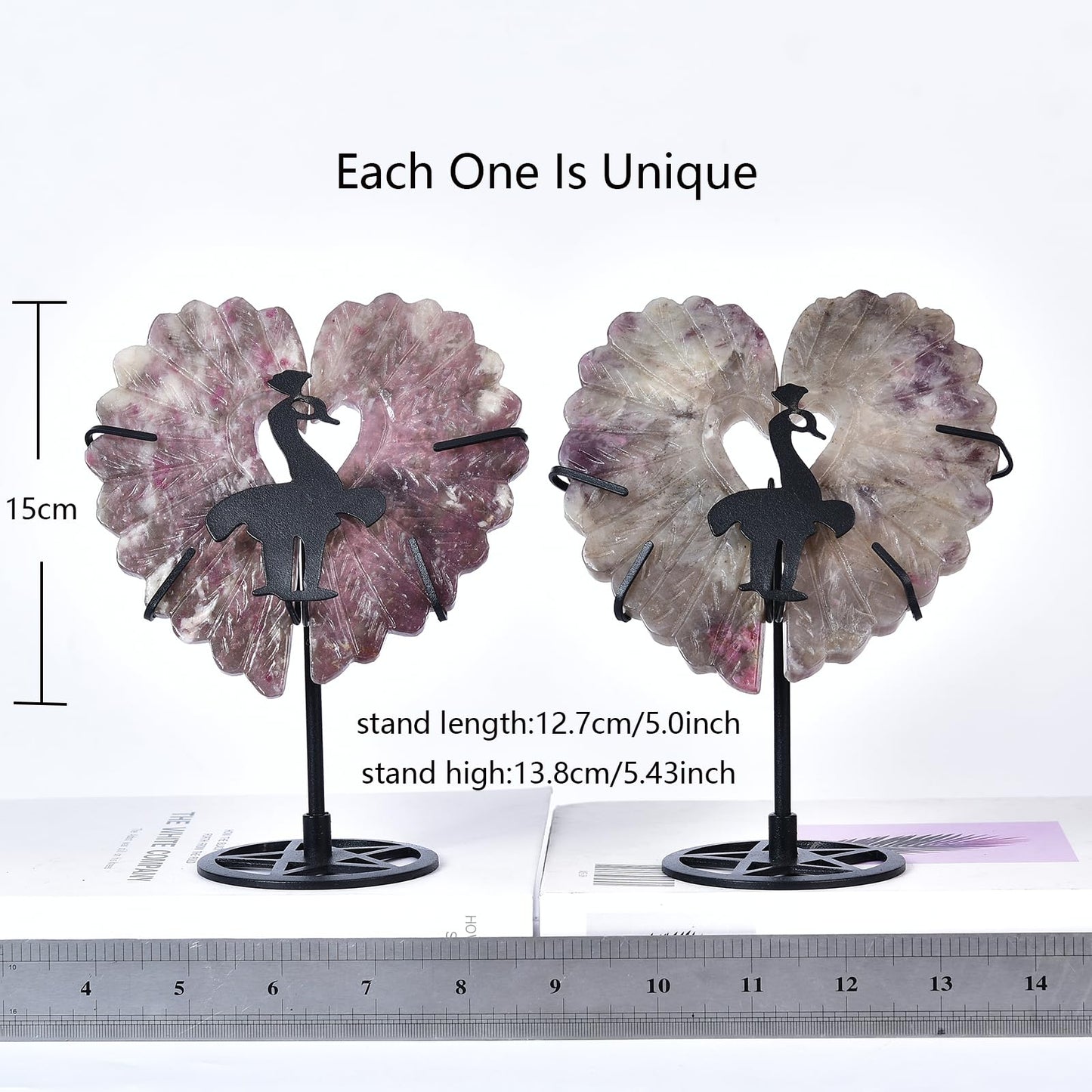 JIC Gem Extra Large Plum Blossom Tourmaline Heart Crystals Stones Healing Crystal Heart Stones Ornament Carved Angel Wing with Display Stand Home Decor Reiki Healing（1 Pair,15-16cm