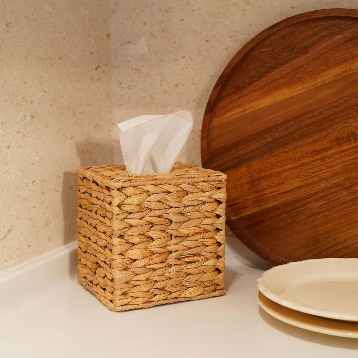 Set of 2 Water Hyacinth Handwoven Tissue Box Cover, Natural Handmade Wicker Napkin Box Holder, Handcrafted Square Facial Tissue, Rustic Decorative on Table and Bathroom, Office, Boho Decorative