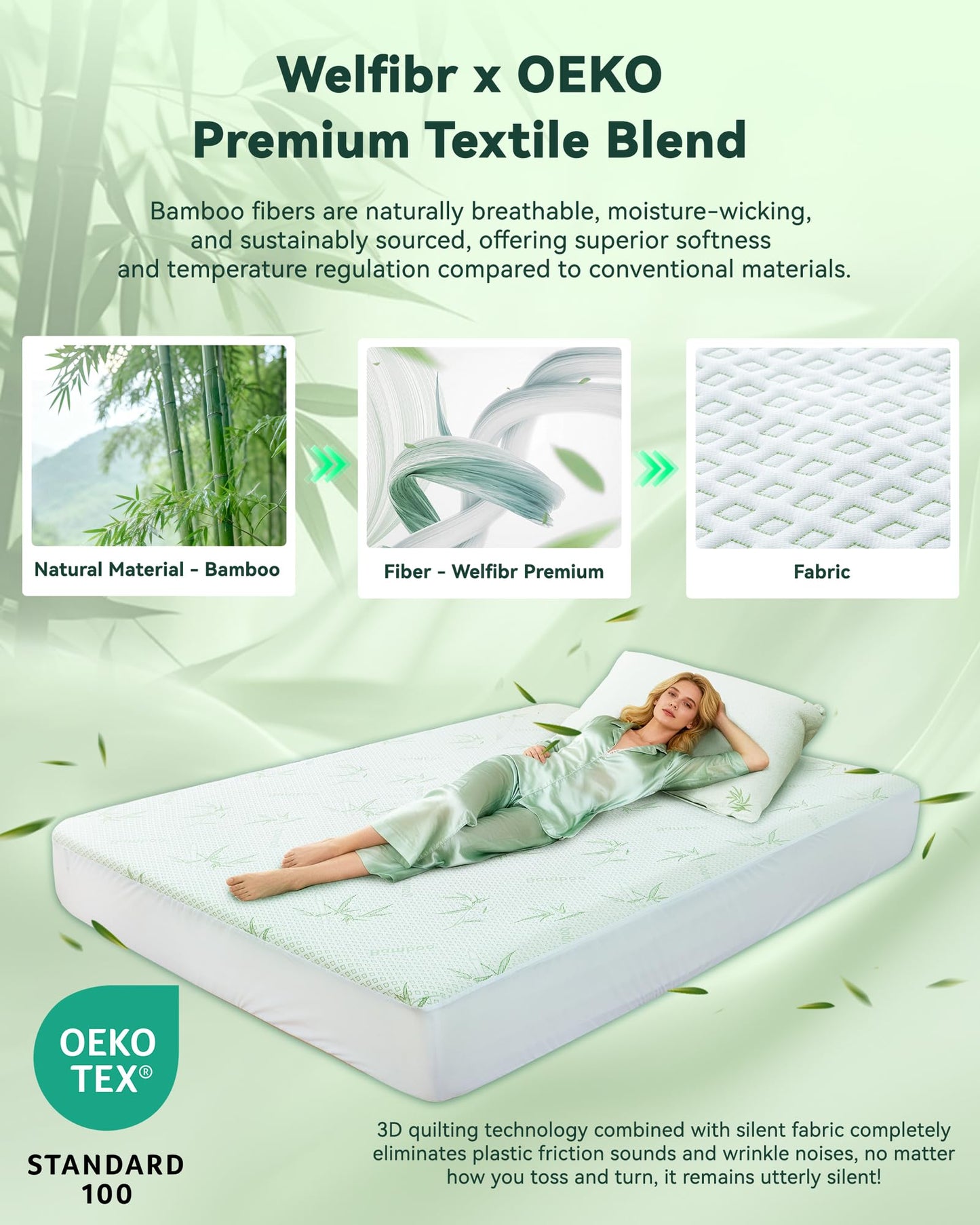 Welfibr Mattress Protector Waterproof 15% Viscose from Bamboo Cooling Cover for Hot Sleepers 3D Air Fabric Breathable Noiseless Soft Bed Cover for 6-18" Deep Pocket Adults, Incontinence Twin
