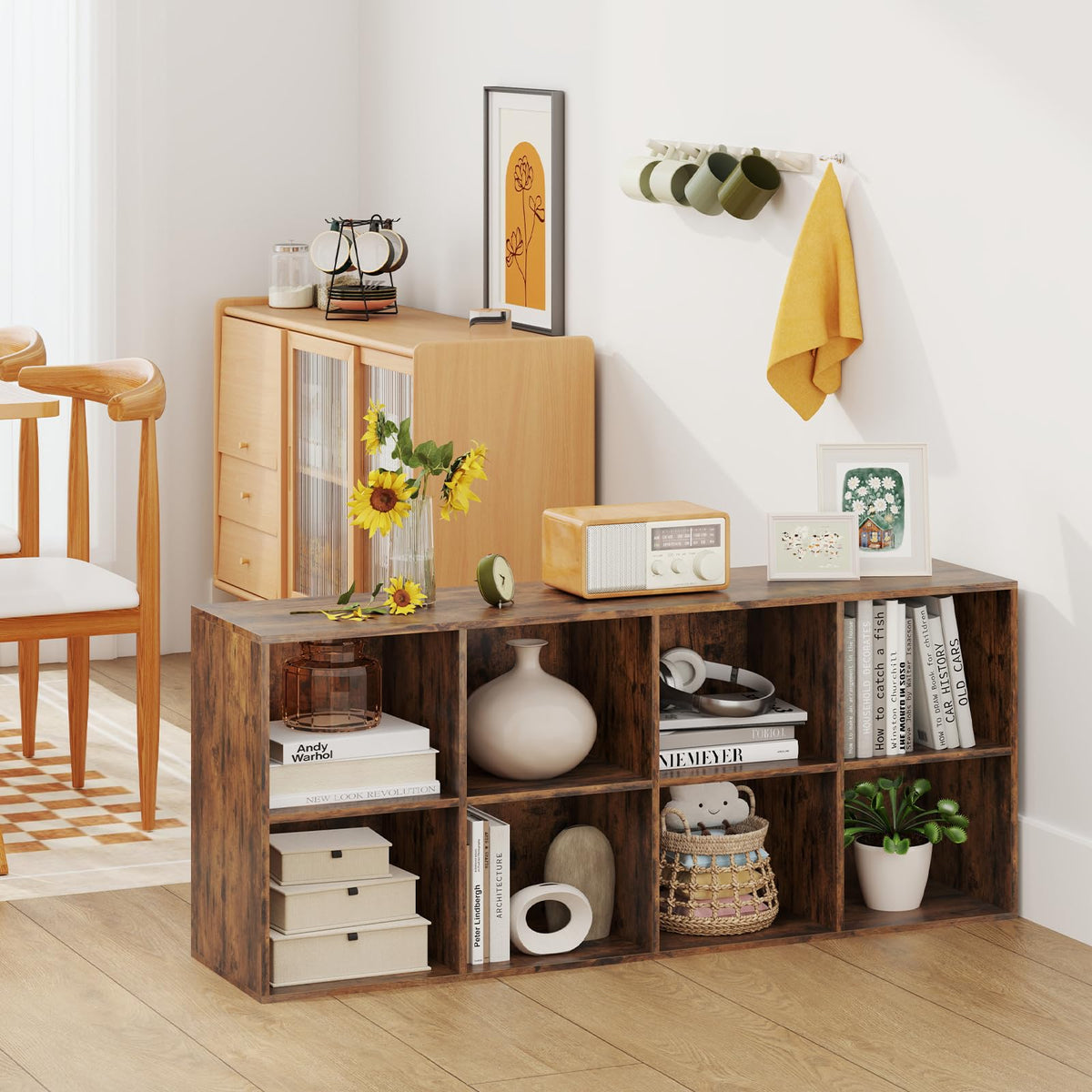 Giantex 8-Cube Bookcase, Floor Standing Bookshelf with Storage & 2 Anti-Tipping Kits, Open Storage Organizer, Cubby Wooden Book Shelf for Living Room, Study (Rustic Brown, 8-Cube)