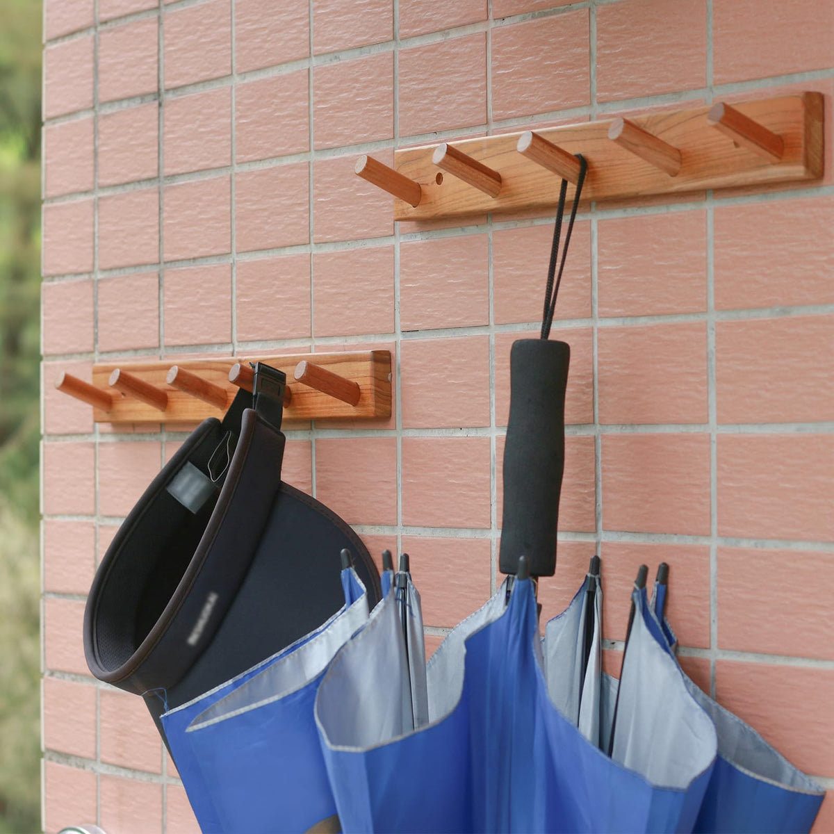 Cobnap Natural Teak Wall-Mounted Coat Rack (Set of 2, 16'' Hole to Hole) - Farmhouse Entryway Hooks with 5 Wooden Hooks Each, Rustic for Bathroom, Mudroom 2P