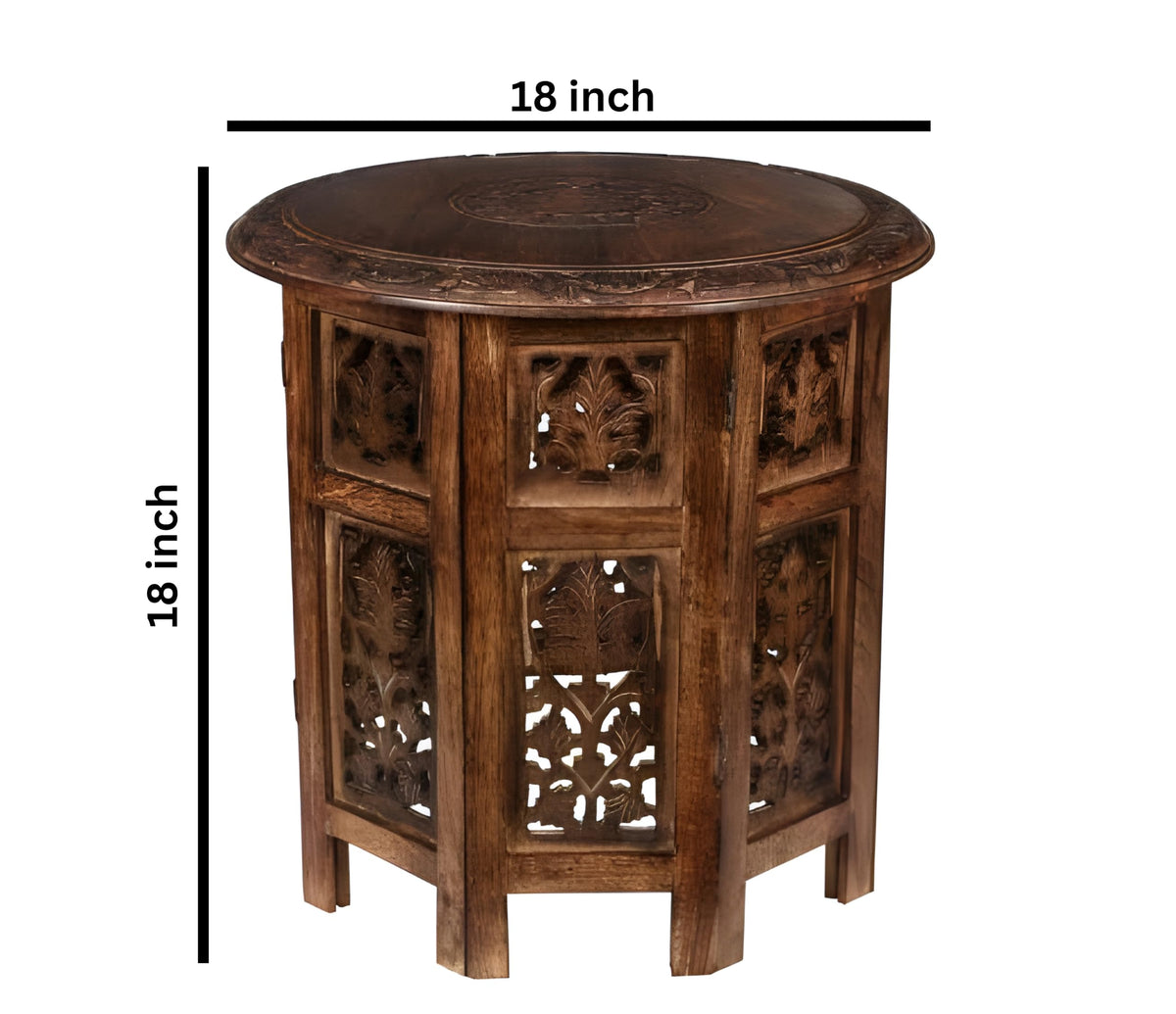 Lightnpro Handcrafted Wooden Round Accent Table - Vintage Farmhouse Octagonal Side End Table with Intricate Carvings for Living Room, Bedroom, Entryway - 18x18 Inch - Burnt