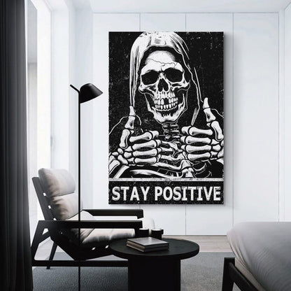 MAIHAIBAO Funny Stay Positive Skull Canvas Wall Art - Dark Humor Grim Reaper Poster - Motivational Gothic Decor for Bedroom & Office - 12x18 Inch (Unframed)