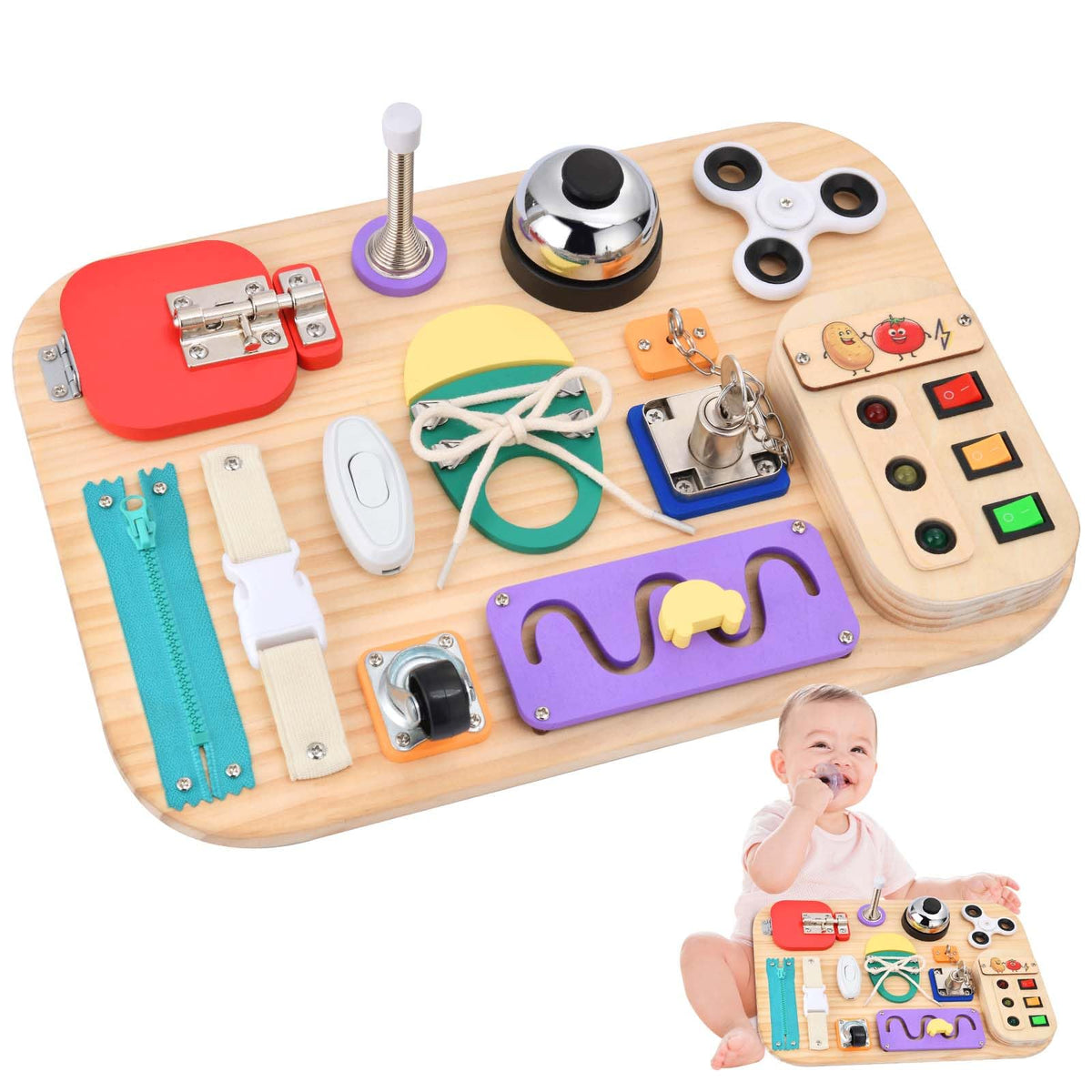Potatomato Montessori Busy Board - Wooden Sensory Toys for Toddlers -Activity Board Toys for Fine Motor Skills - Educational Fidget Toys for Boy & Girl - Birthday Gifts for 3 4 Years