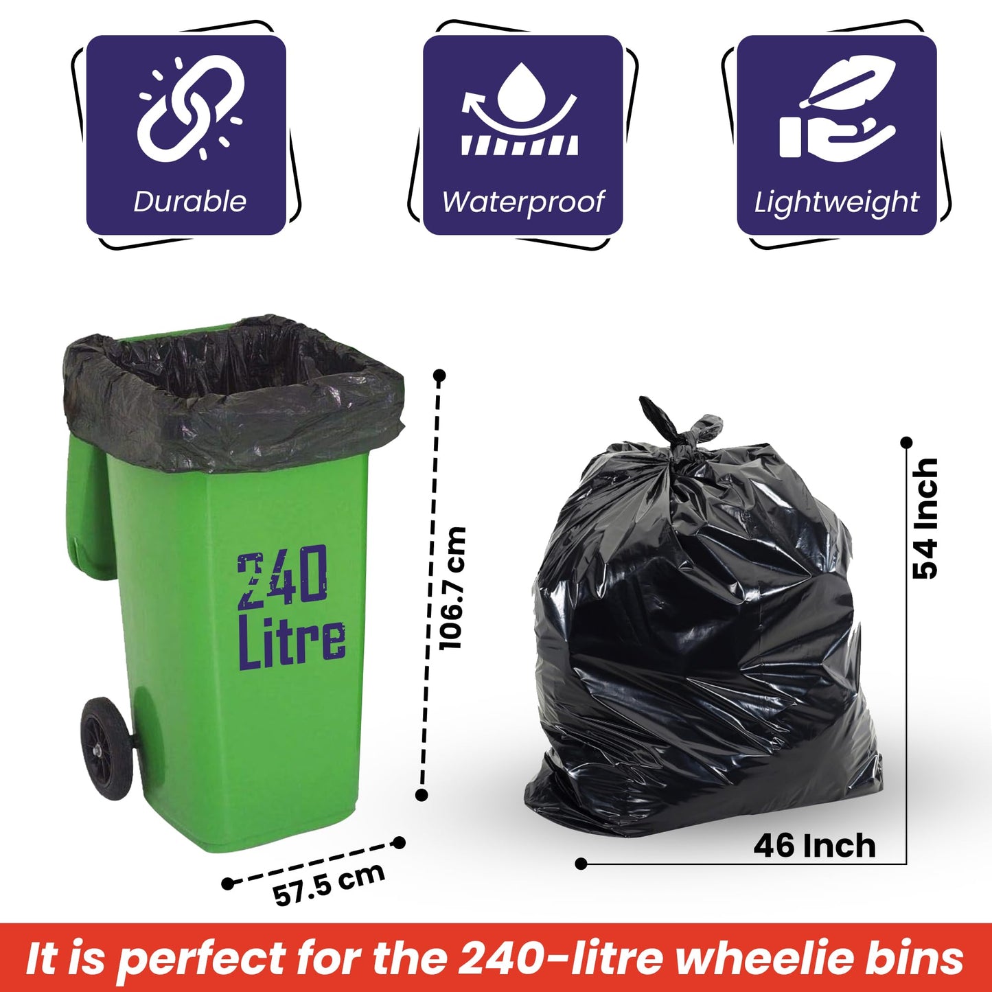 Abbey 100 Black Wheelie Bin Liners 240L Capacity – Refuse Sacks Heavy Duty Black Bin Bags for Outside and Garden Bin – Strong Garbage Bags for Rubbish On a Roll 30 Inch x 46 Inch Wide x 54 Inch Long