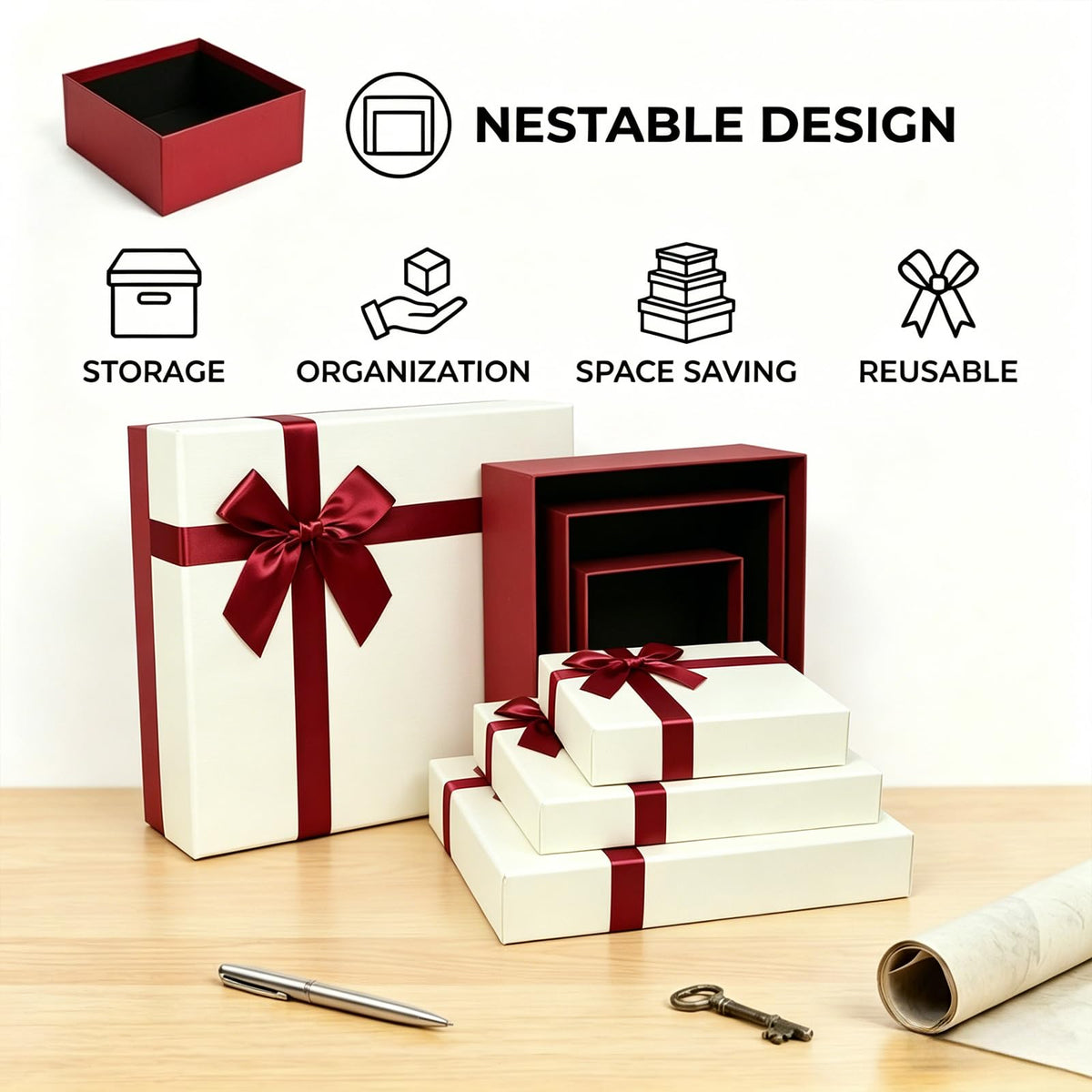 Giftilious Gift Box for Presents – A Set of 4 Elegant Gift Boxes with Lids, Luxury Textured Finish & Satin Ribbon, Ideal Gift Box for Mother's Day, Ready to Gift – No Assembly Required