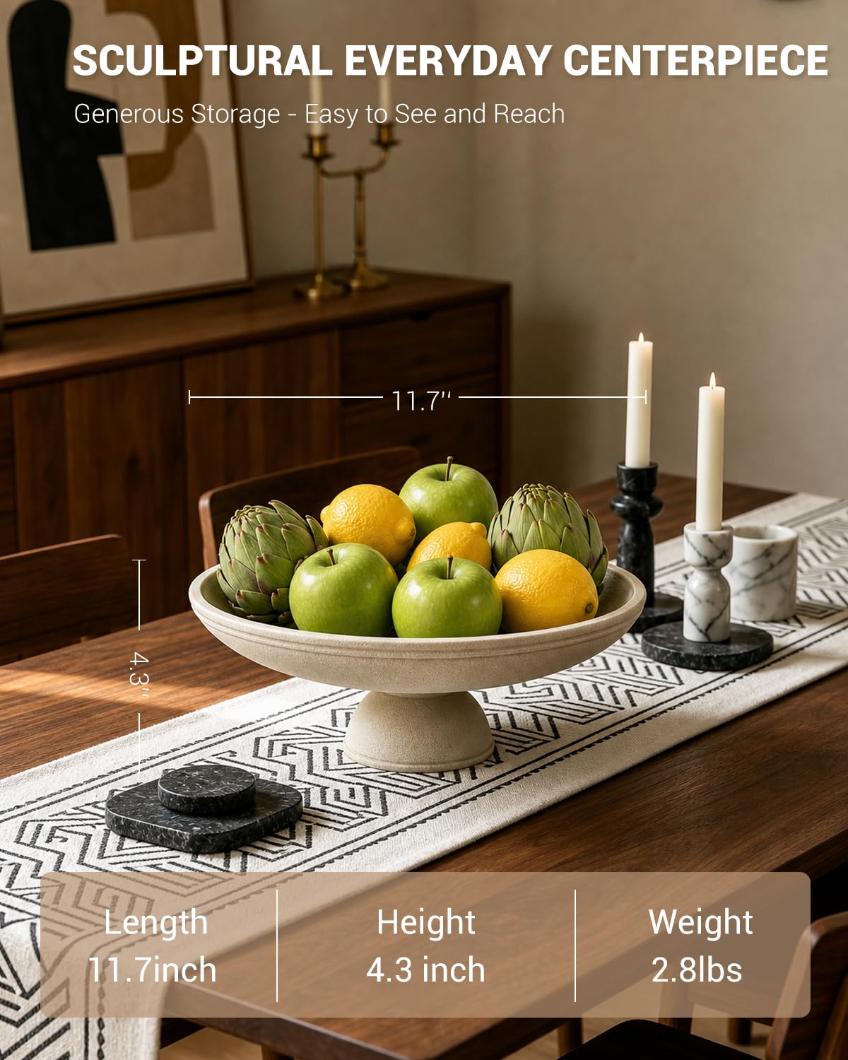 Coiesol Large Decorative Bowl, Handcrafted Beige Resin Pedestal Centerpiece, Fruit Bowl for Kitchen Counter, Durable Catch-All Dish and Entryway Key Holder, Modern Home Decor, 11.7 in