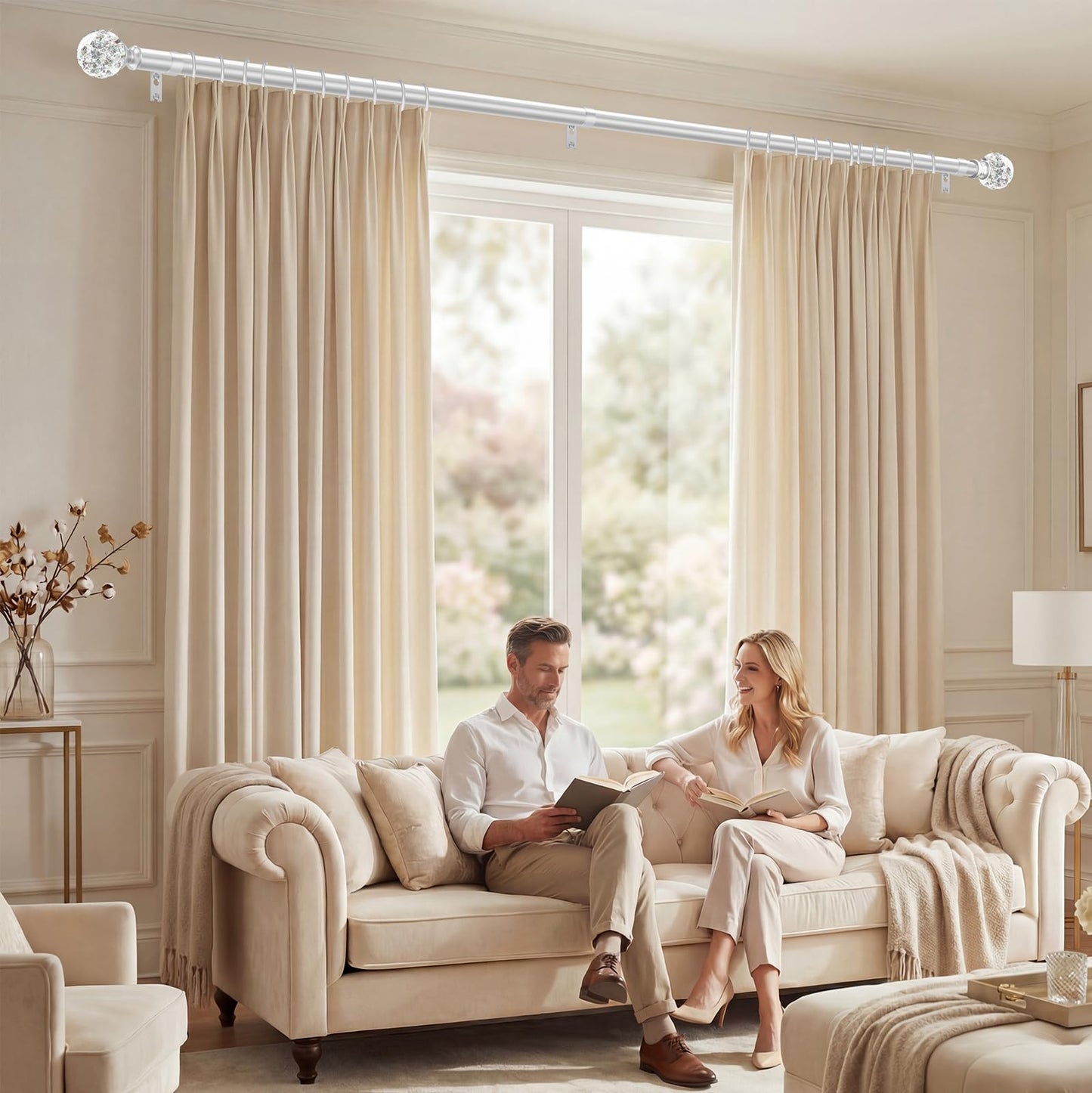 TVWOO Silver Decorative Crystal Curtain Rods:36-88 Inch Heavy Duty Adjustable Window Curtains Rods for Bedroom Living Room,Nickel Modern Girly Acrylic Drapery Rods Set with Sheer Bling Foil Finials