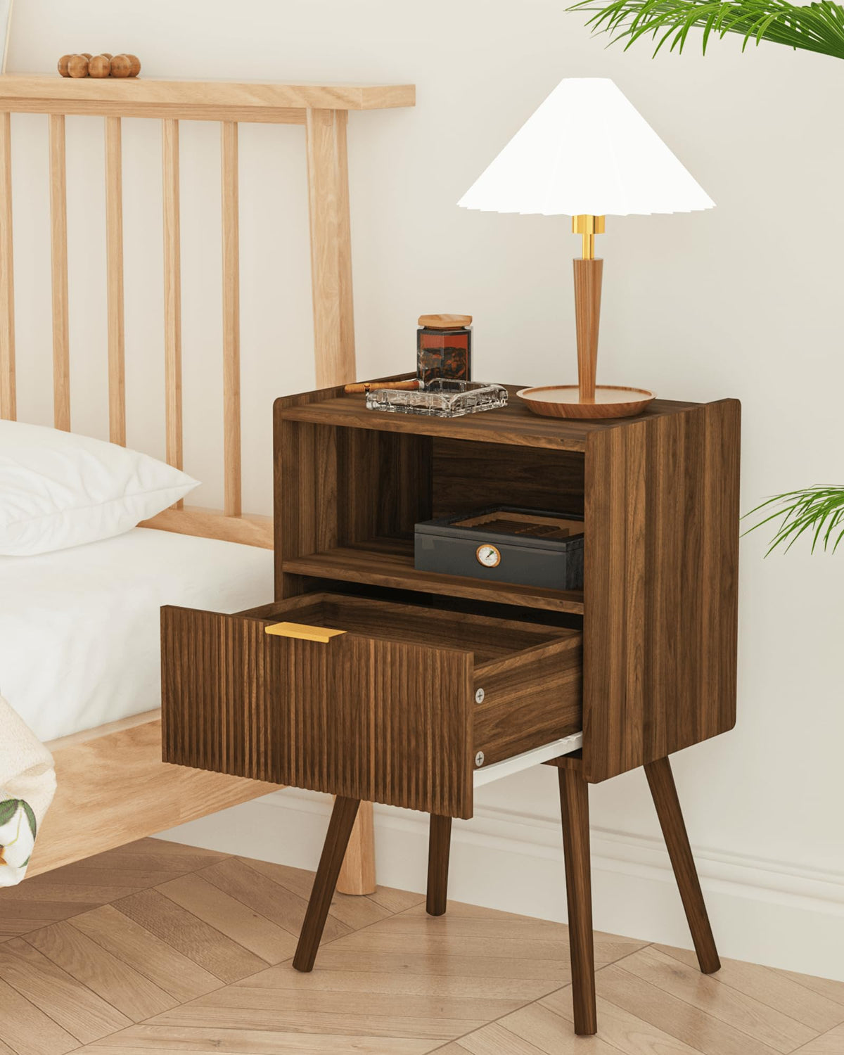 Veegle Nightstand,Modern Bedside Table with Storage Drawer and Open Wood Shelf, Accent Night Stand with Solid Wood Legs for Living Room, Bedroom and Small Spaces,Easy Assembly (Walnut Brown)
