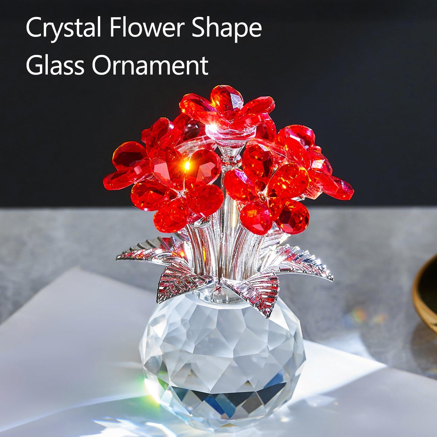 XLSJGYP Crystal Red Flower Decoration Glass Flowers Mother's Day Birthday Gifts for Women Girl Wife Girlfriend Daughter Ornament Bouquet Collectible for Valentine's Day Wedding (Red Flower 02)