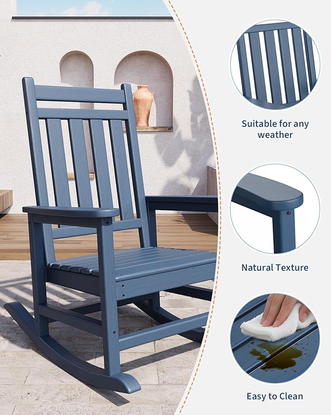 GarveeLife Poly Lumber Rocking Chair Outdoor - HDPE High Back Porch Rocker Chairs for Adults - All Weather Resistant Furniture for Patio - Navy Blue