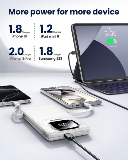 Portable Charger with Built-in Cables,22.5W Super Fast Charging Power Bank Slim Phone Charger,10000mAh Travel Battery Pack Battery Bank with Smart LED Display for iPhone, Android & USB-C Devices