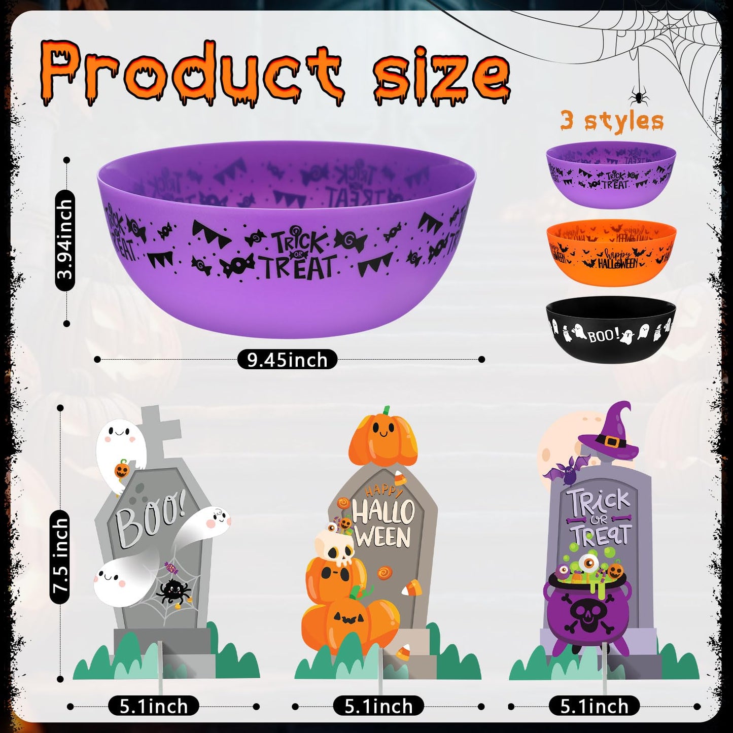 Tioncy 3 Set Large Halloween Candy Bowls with Tombstones Stands, Plastic Candy Dish Serving Bowls Treat Sweet Holders Party Decor Halloween Party Supplies