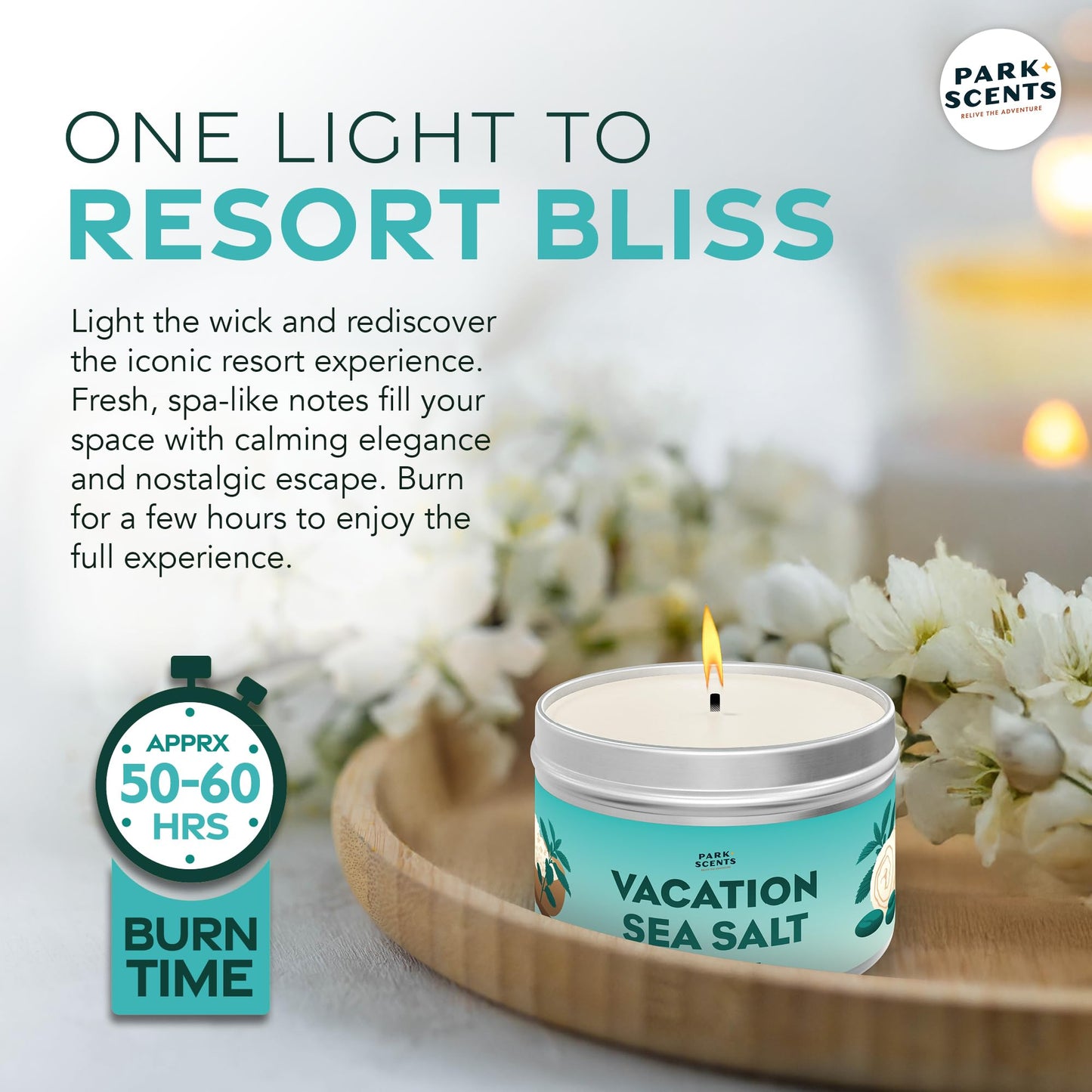 Park Scents Vacation Sea Salt – Theme Park Luxury Hotel Candle – Peppermint Eucalyptus Musk Scent – Vegan Soy Wax Blend Handmade in USA – Gifts for Women, Hostess, Sister, Birthday