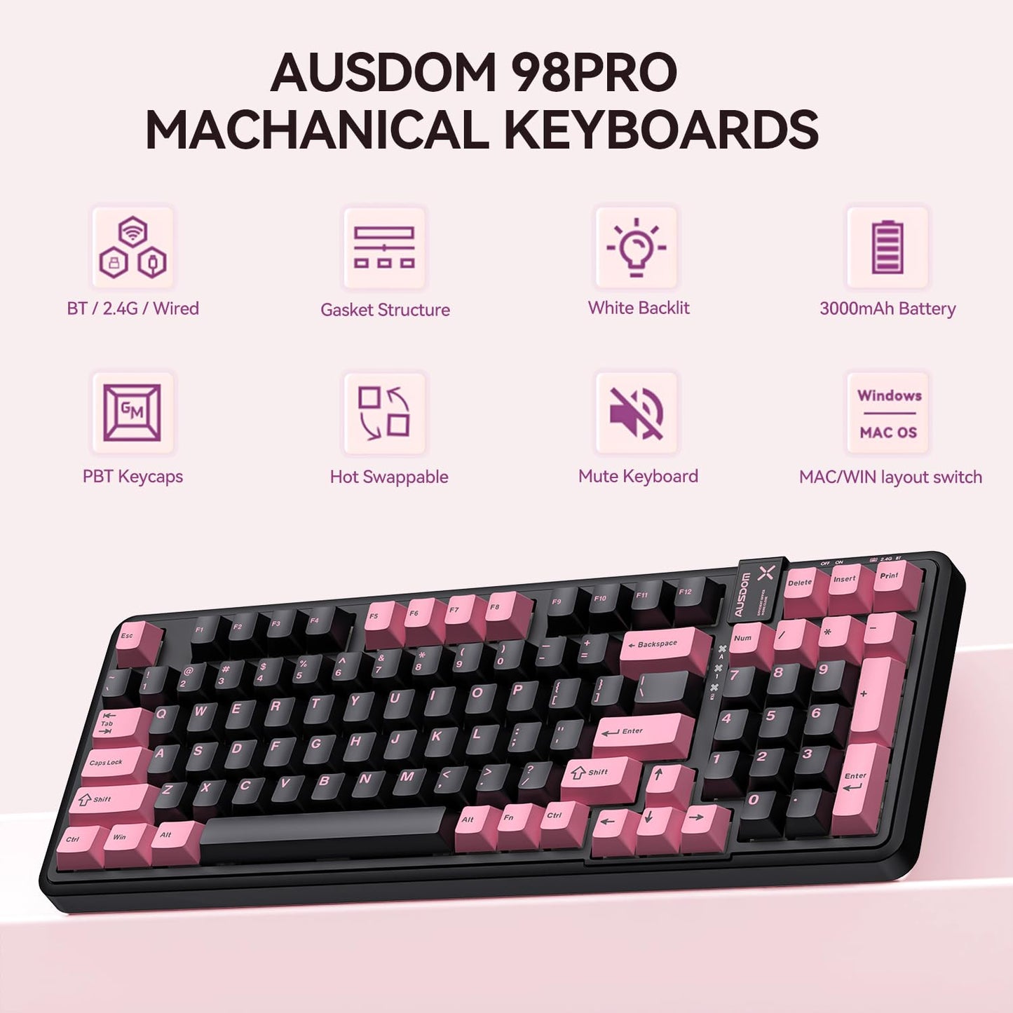 AUSDOM 98Pro Silent Mechanical Keyboard, Wireless Hot Swappable Gaming Keyboard with Backlit,Gasket Structure,Pre-lubed Tactile Switches,2.4GHz/Type-C/Bluetooth Custom Keyboards (Green & White-Silent)
