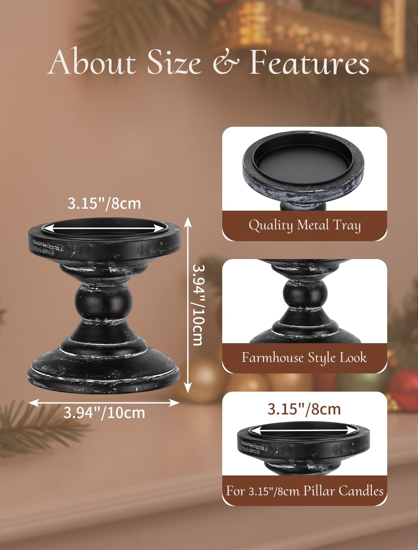 Inweder Wood Pillar Candle Holder: 2Pcs Rustic Black Candle Holders for Pillar Candles Wood Candle Holders Distressed Wooden Farmhouse Candle Holder Large Rustic Candle Holder for Fireplace Table