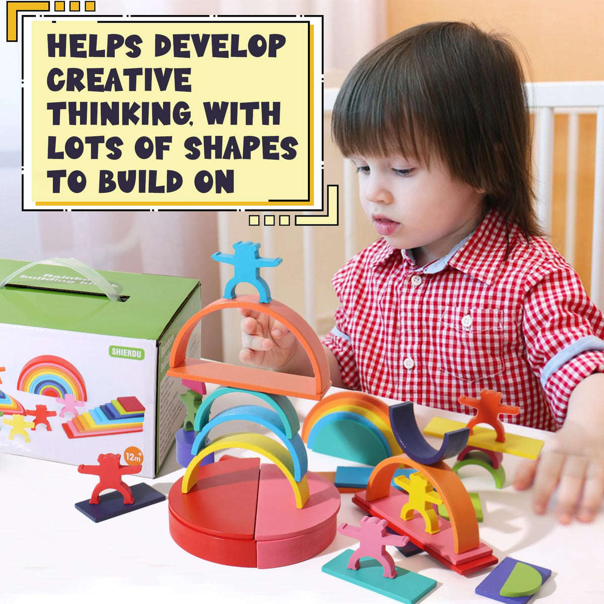 Dinhon 40-Piece Wooden Rainbow Stack Set, 4-in-1 Building Blocks preschoolers Early Development & Activity Toys Montessori Toys for Kids 1 2 3 4 Years and Older Gifts for Boys and Girls