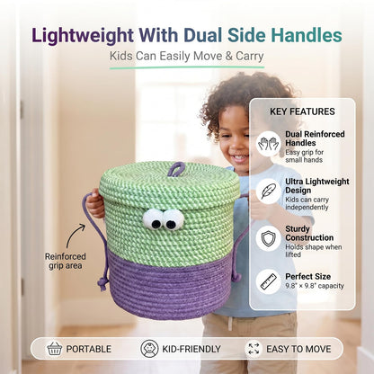 CTESNE Cotton Rope Storage Basket with Lid & Handles, Cute Monster Decor Basket for Nursery, Toys, Diapers, Baby Shower & Easter Gift, 9.8" x 9.8" (Green & Purple)