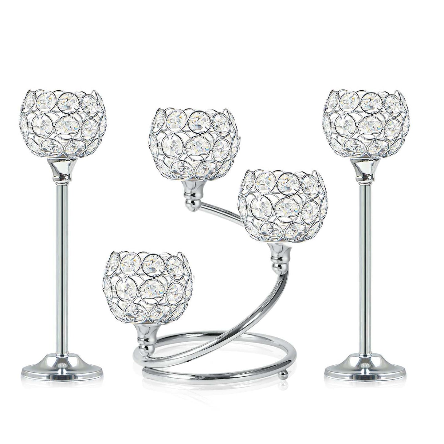 KEHAIL Silver Metal Crystal Candle Holder Set of 3 - Elegant 5-Arm Metal Tea Light Centerpiece with Shining Crystal Bowl, Wedding Anniversary Table Decor for Dining, Party