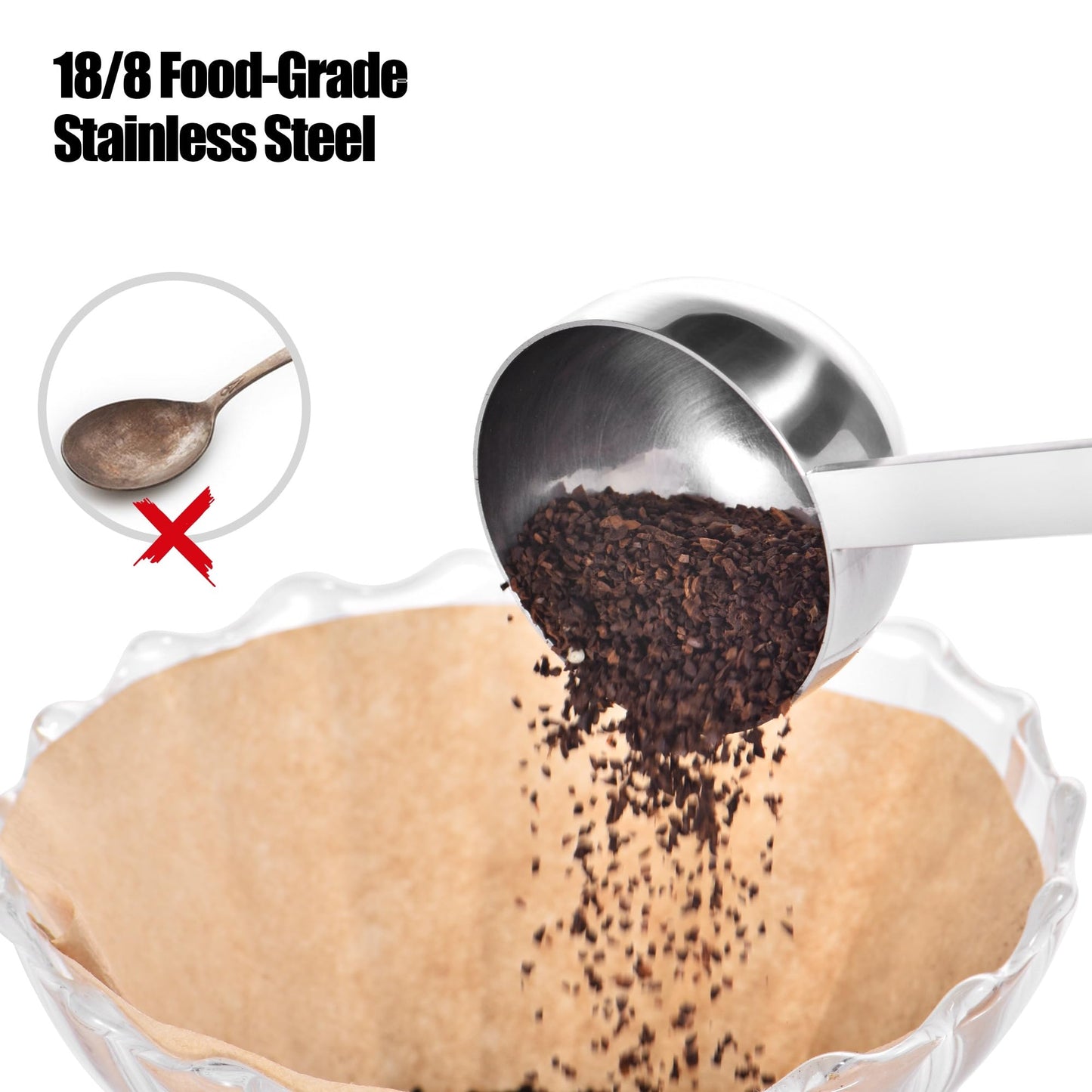 18/8 Stainless Steel Coffee Scoop, Doosu Food-Grade Metal Measuring Spoon with 6.9in Long Handle, Tablespoon Scooper for Coffee Beans, Ground Coffee, Espresso, Protein Powders, Tea, Sugar (2 Tbsp)