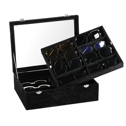 Frebeauty 16 Slots Sunglasses Organizer,2 Layer Velvet Sunglasses Tray with Glass Lid,Multiple Pairs Sunglass Display Case for Man or Woman,13.7 * 10.25 * 4.1 Inches Eyeglass/Eyewear Box (Black)