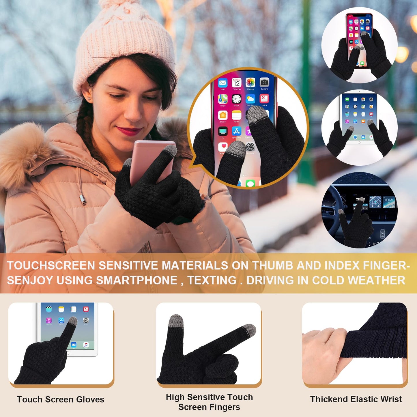 Voqeen Knitted Hat Scarf Gloves Set 5 Pcs Winter Set Ladies Cold Weather Sets Touch Screen Gloves Beanie Hat Scarf Thermal Socks Plush Ear Warming Outdoor Sports Set for Christmas Gifts (Black)