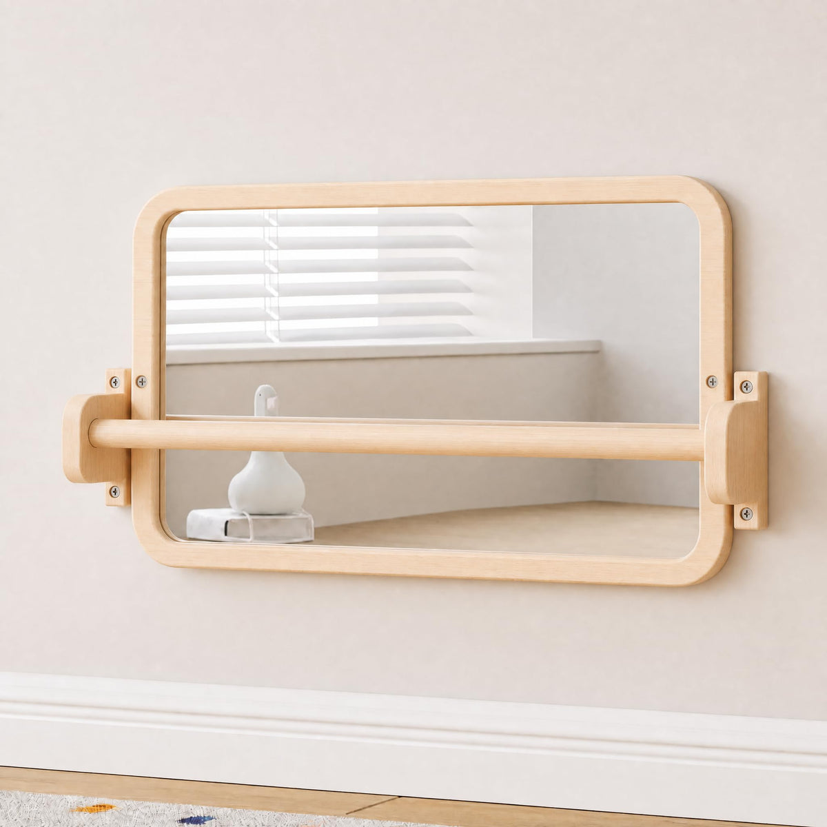Woodtoe Montessori Mirror with Bar, Adjustable Tummy Time Floor Mirror, Baby Pull to Stand Toys, Natural Unpainted Solid Wood Frame, Baby Pull Up Bar, Developmental Toys for Nursery (Small Size)