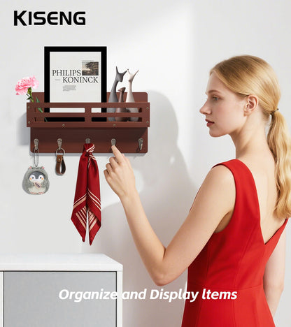 KISENG Key Holder Wall Mount Farmhouse Key Hooks for Wall with Mail Organizer Decorative Key Rack with 5 Sturdy Hooks for Dog Leash, Sunglasses, Rustic, Paulownia Key Hanger for Entryway