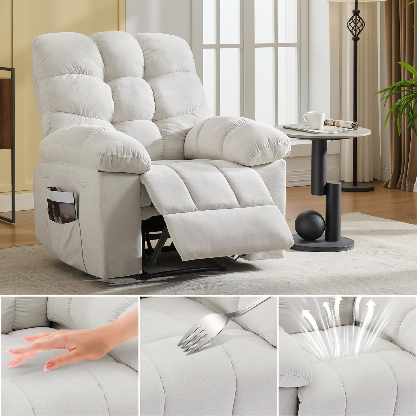 Nursery Chairs, Chair with Massage and Heat,Heat Ergonomic Overstuffed Breathable Fabric Reclining Chair with 2 Side Pockets, Remote Control, Living Room, Bedroom