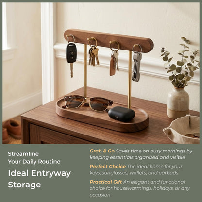 muso wood Walnut Key Stand for Entryway Table, Wooden Key Holder with 4 Hooks, Perfect for Key Trays, Valuables Trays, Jewelry Trays