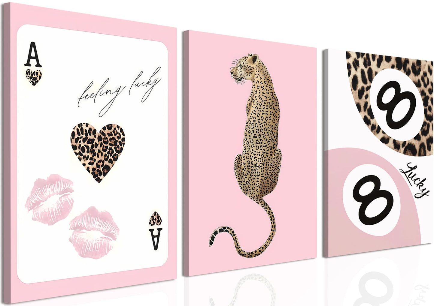 Trendy Leopard Canvas Wall Art Set of 3 - Pink Cheetah Prints Wall Decor Pictures, Funky Lucky You 8 Ball Poster Preppy Aesthetic Paintings, for Girls Bedroom Dorm Apartment 12x16 inch Framed