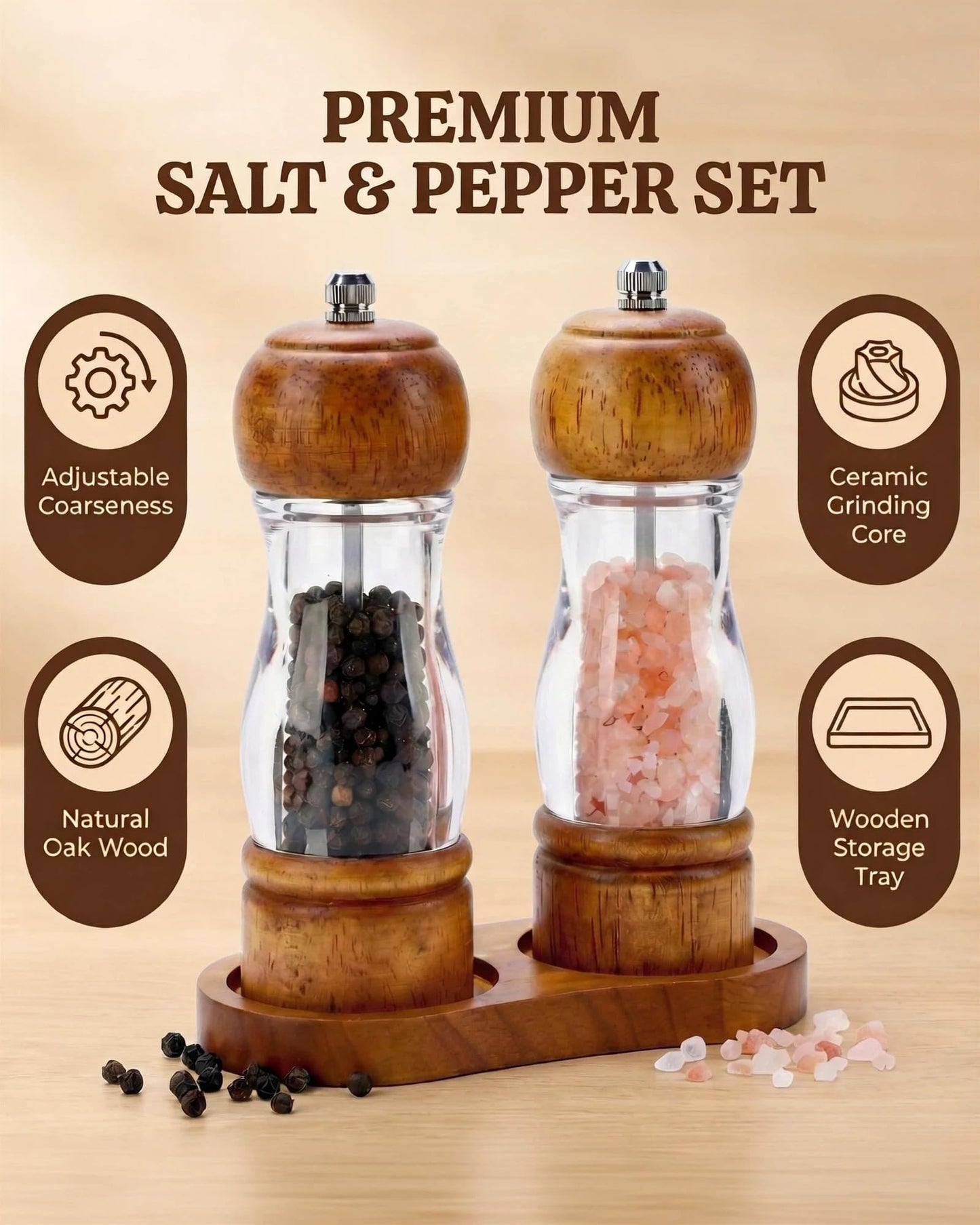 Dzmbv Wooden Salt and Pepper Grinder Set with Tray - 6.3 Inch Refillable Manual Pepper Mill & Sea Salt Grinder, Acrylic Window, Adjustable Ceramic Rotor for Peppercorns, House Warming Gifts