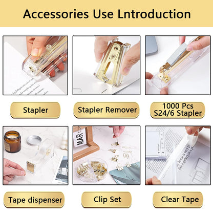 suniya Office Supplies,Gold Desk Accessories,with Stapler,Tape Dispenser,Pen Holder,Scissors,Phone Stand,Staple Remover,Ballpoint Pen,Clear Tape, Staples,Ruler,Clips,Best Gift for Business or Boss