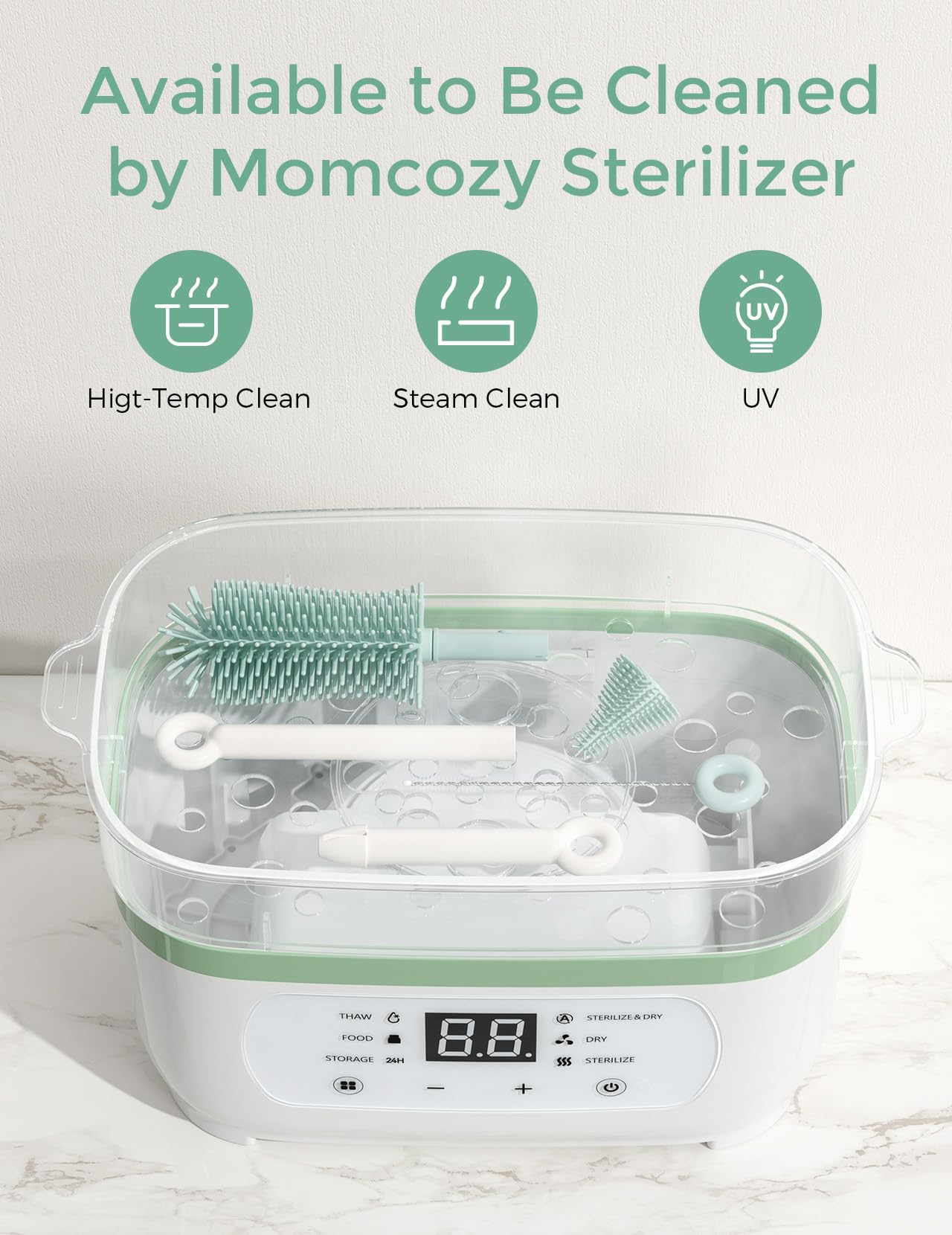 Momcozy 7 in 1 Baby Bottle Brush Set - Complete Bottle Cleaning Kit with Silicone, Nipple, Straw Brush,Soap Dispenser, and Drying Rack - Ideal for Home and Travel