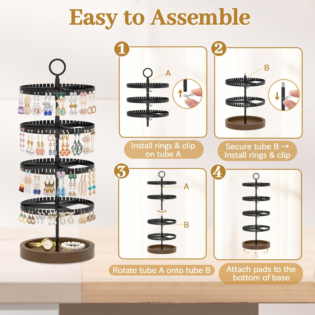 MODOWEY 4 Tier Rotating Earring Holder Organizer Display Tree with Wooden Tray, Adjustable Plastic Stand with 228 Slots for Stud Hoop Hanger, Large Capacity Storage Rack for Women Space Saving, Black