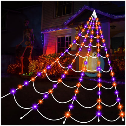 Halloween Decorations Outdoor Spiders Web Lights: 150 Purple & Orange LED Light Decor, 17.4Ft Giant Spiderweb with 8 Lighting Modes Waterproof & Timer, Yard Spider Web Decoration