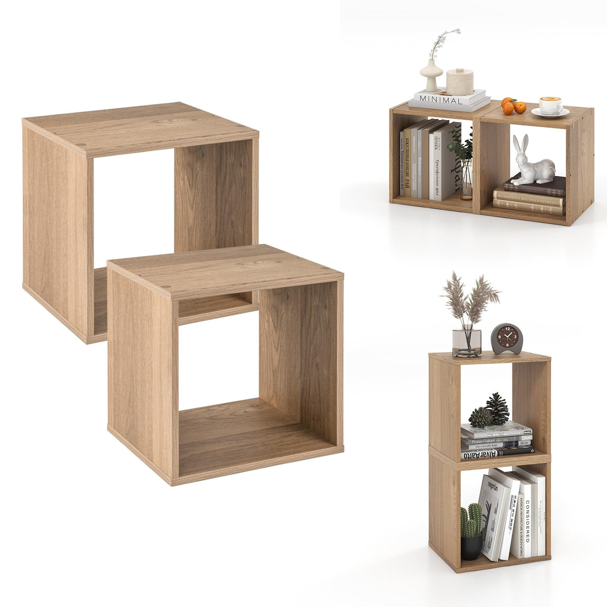 Giantex 2 Cube Bookshelf Organizer, 2-Tier Stackable Cube Storage Organizer, Small Wooden Open Book Shelf with Anti-toppling Device, Wood Floor Standing Display Shelving Bookcase, Natural